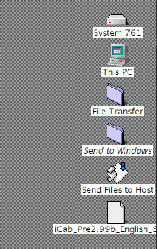 The System 7.6.1 desktop with icons for the hard disk, windows PC, the file transfer folder, send to windows folder, send files to host and the sit file for iCab.